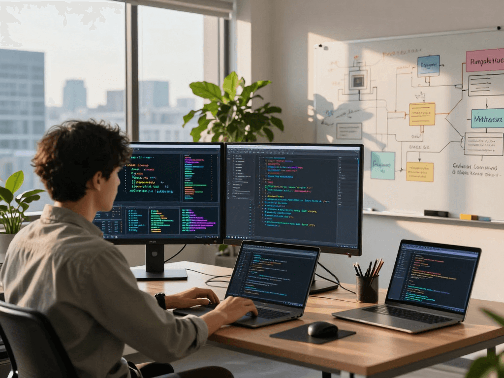 Dynamic workspace showcasing spicy ai innovation with data scientist analyzing algorithms.