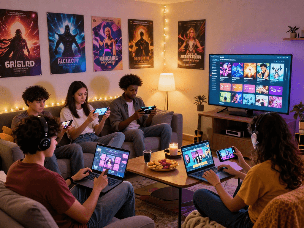 Group playing sex simulator games in a cozy living room