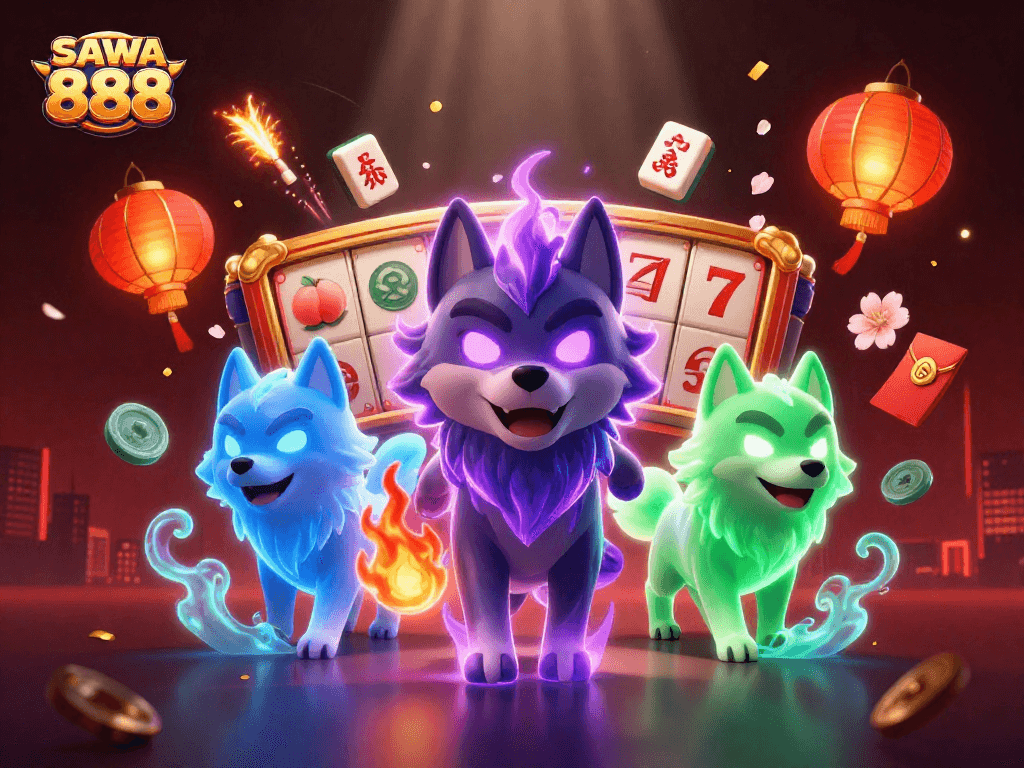 Experience exciting slots at SAWA 888 with a dynamic illustration of wolves and casino elements.