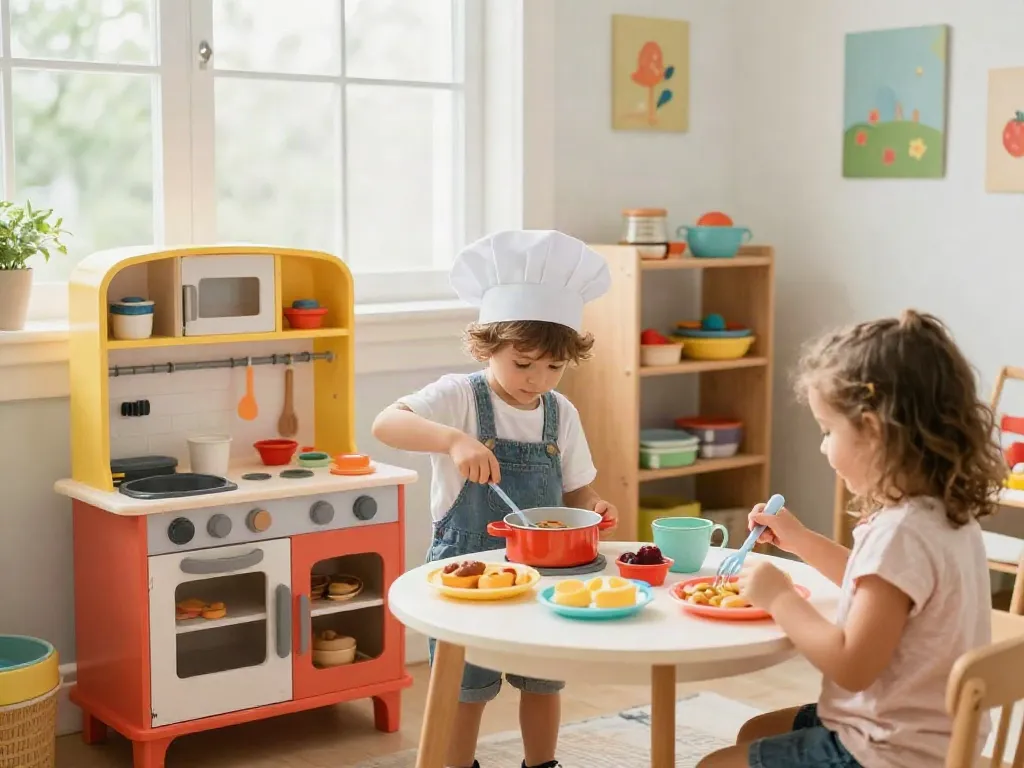A lively toy kitchen scene with children playing, showcasing a vibrant toy kitchen filled with colourful accessories and pretend food.