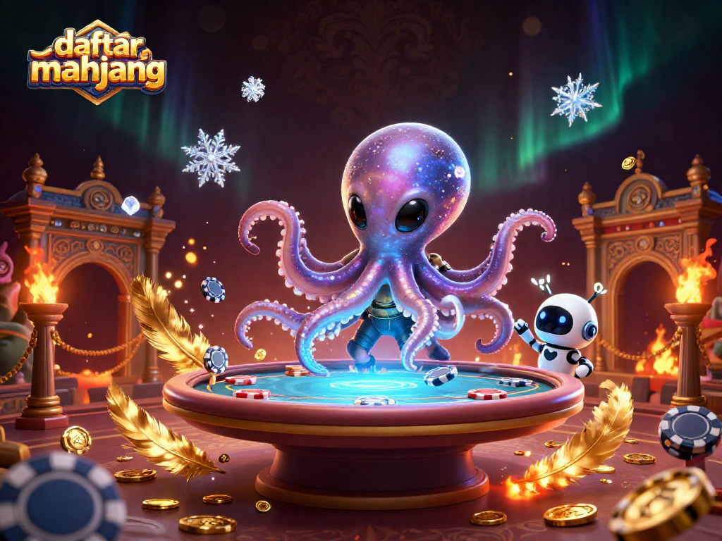 Engaging scene featuring the "daftar mahjong" theme with an alien octopus mastering poker as chips orbit.