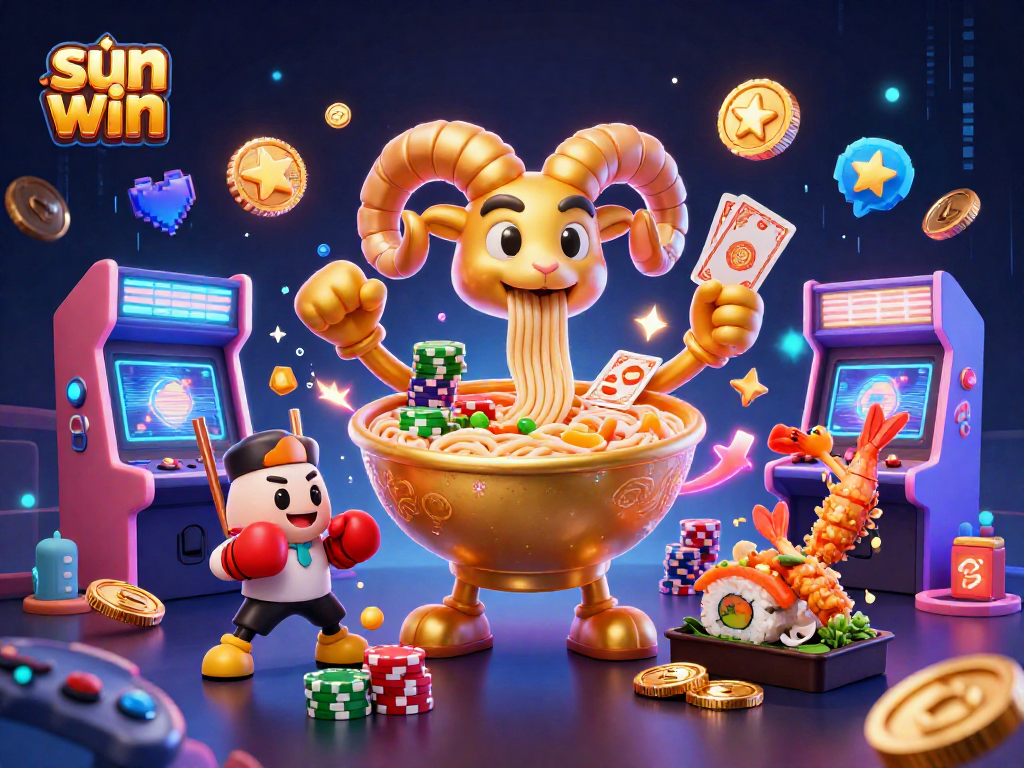 Win big with sun win's vibrant casino scene featuring animated characters and 3D game elements.