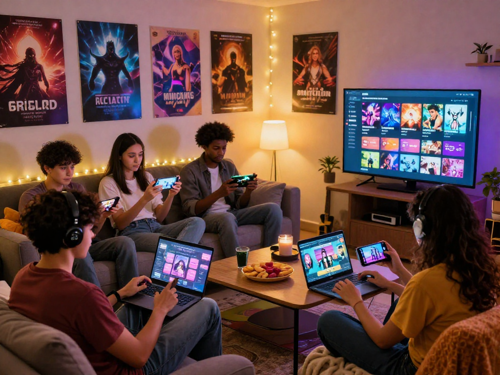 Group playing sex simulator games in a cozy living room