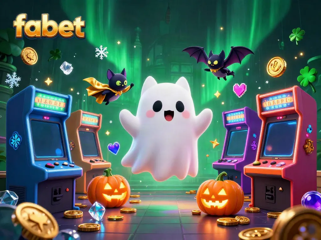Experience fabet's thrilling casino environment with a friendly ghost cat and a vibrant game backdrop.
