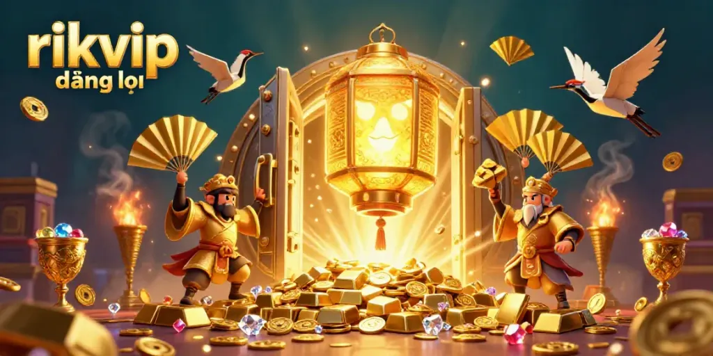 Engage in the thrilling experience of rikvip đăng nhập with vibrant casino visuals showcasing golden treasures and dynamic characters.