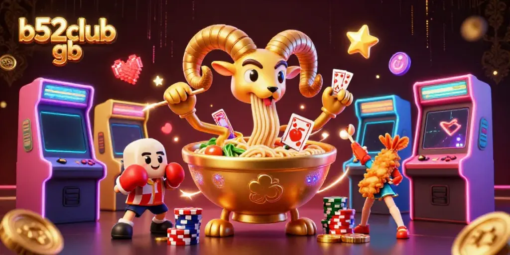 Engage with b52club gb in a vibrant 3D cartoon casino scene featuring unique characters and lively gaming elements.