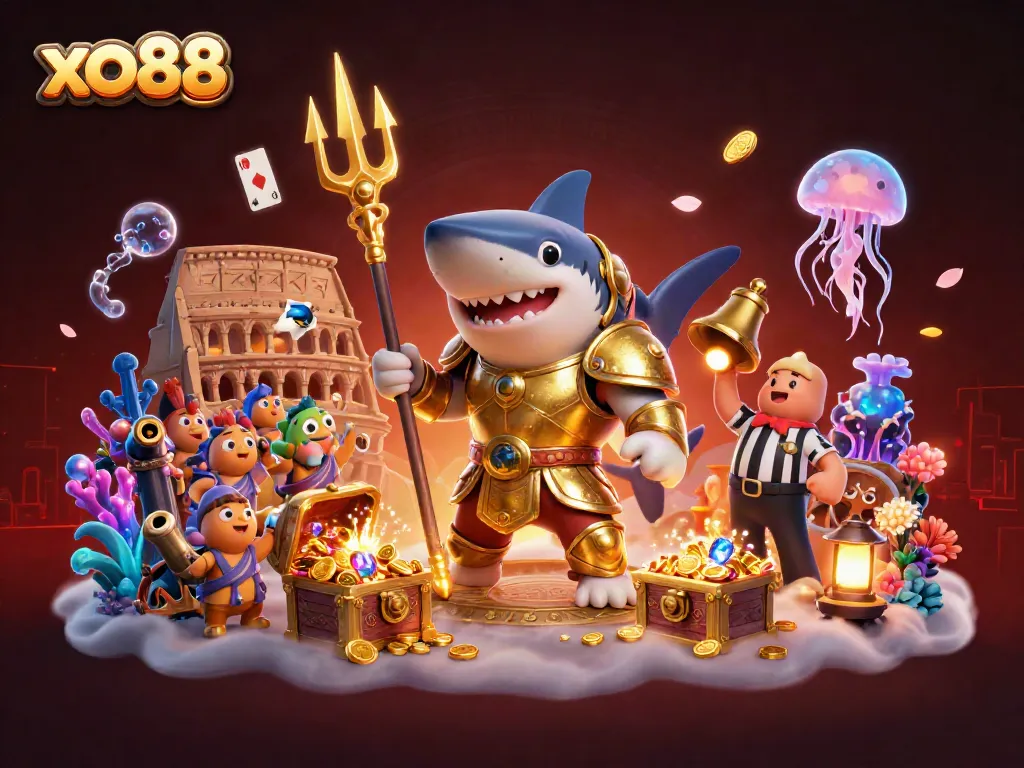 Experience the thrilling action at xo88 featuring a tiger shark championing a dynamic underwater colosseum.