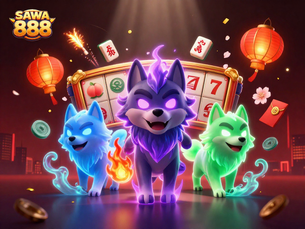 Experience exciting slots at SAWA 888 with a dynamic illustration of wolves and casino elements.