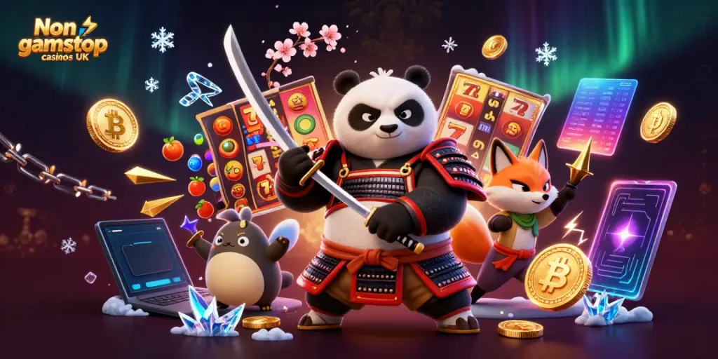 Engaging scene of non gamstop casinos UK with animated characters and slot themes
