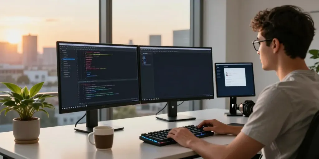 Web developer coding instant indexing applications in a sleek workspace