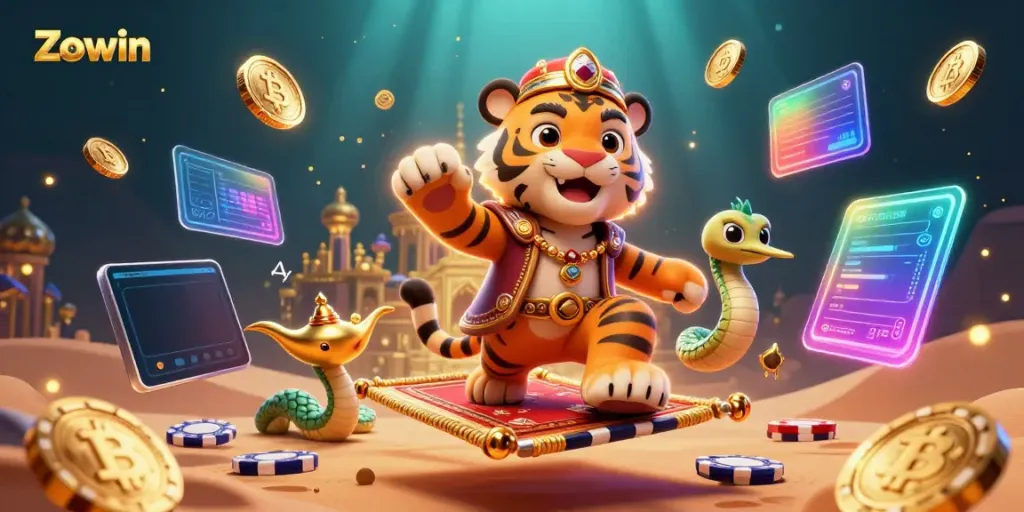 Experience thrilling action at Zowin with a vivid 3D illustration of a tiger sultan in a vibrant casino setting.