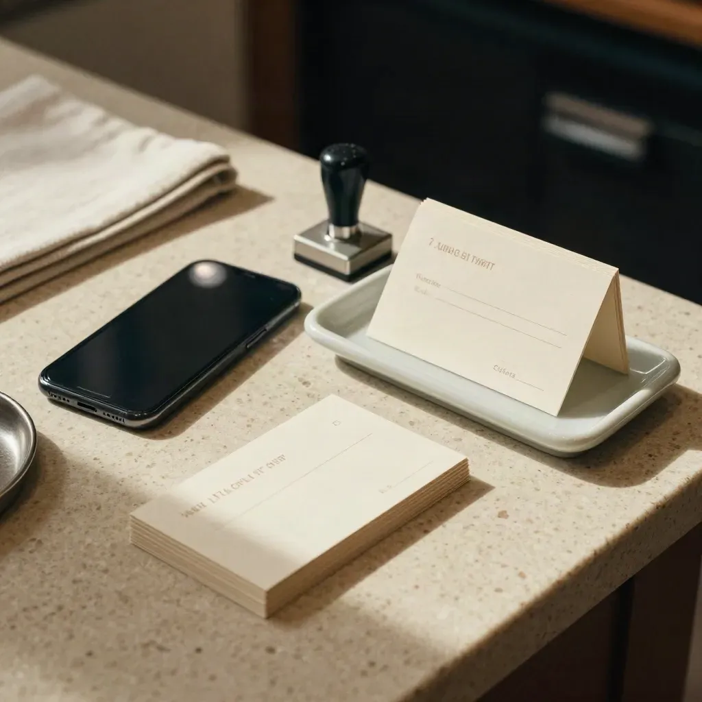 Phone glow, reply cards, and stamp tray on a shop counter.