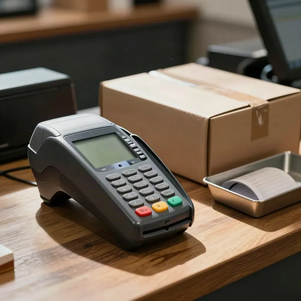 Card terminal, seal stickers, shipping box and receipt tray on a warm checkout counter