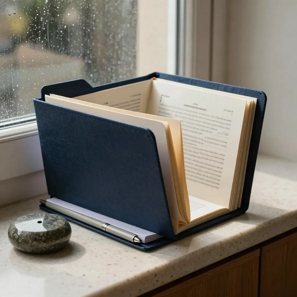 Macro of a privacy folder, folded cookie notice, tabbed notebook and pen by a rainy window.