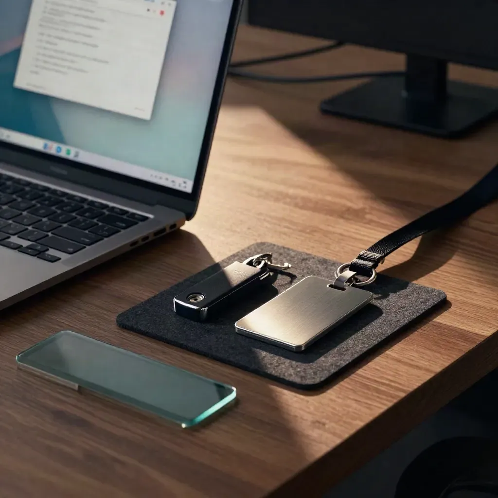 Dim office laptop with security token and metal badge, alert glow softened in the background.