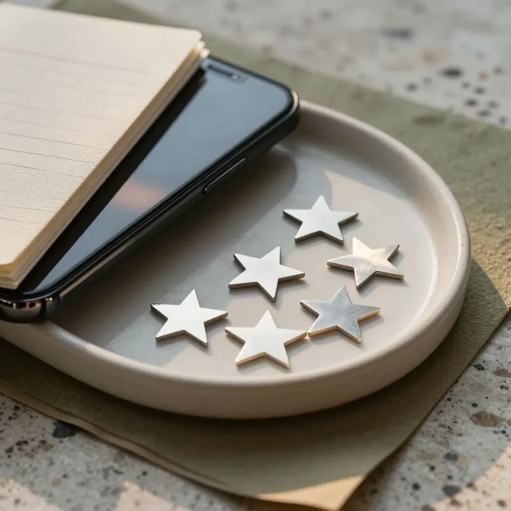 Phone, closed reply notebook, and silver star tokens on travertine in warm afternoon light.
