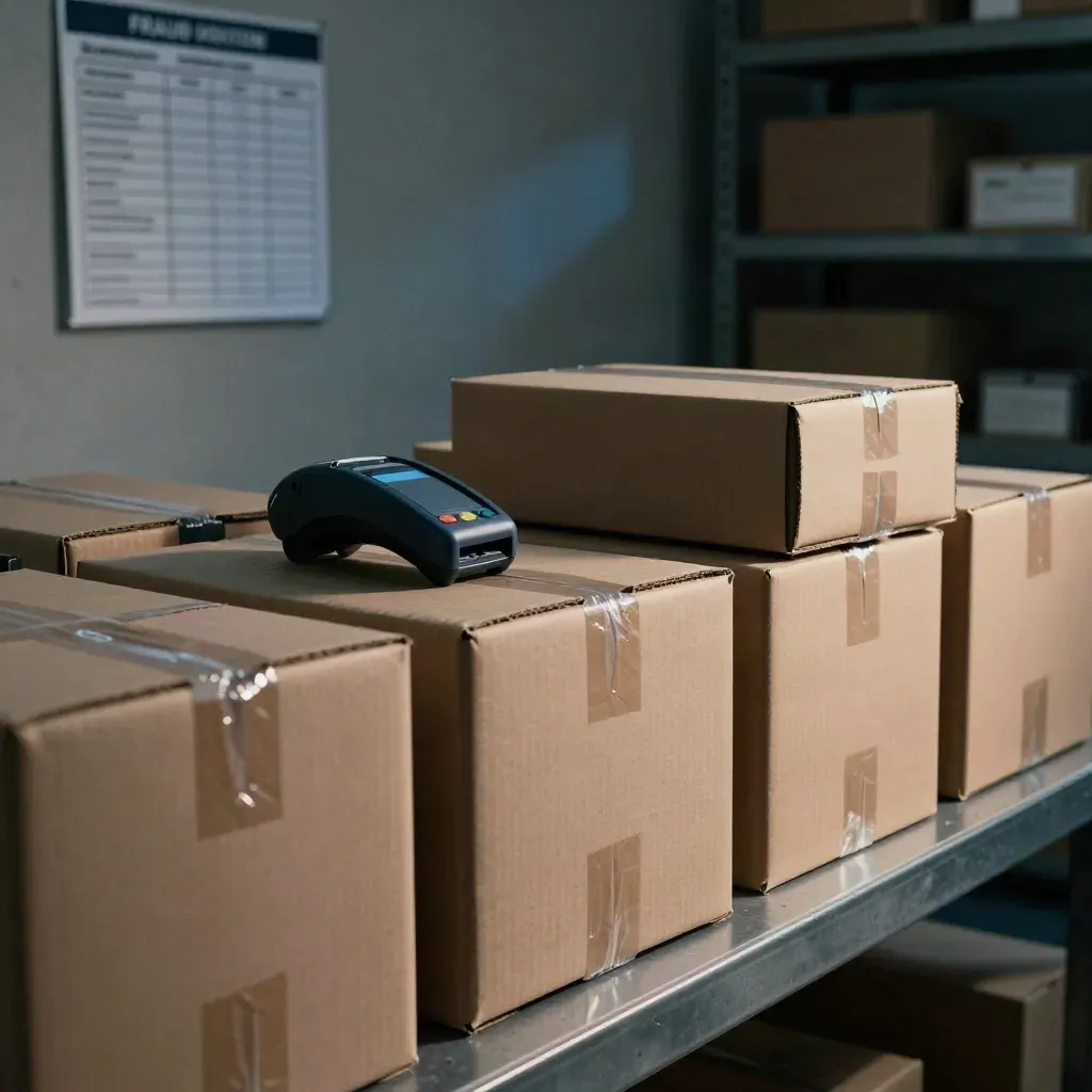 Face-down parcels, a card reader and blurred checklist board in a dim warehouse office