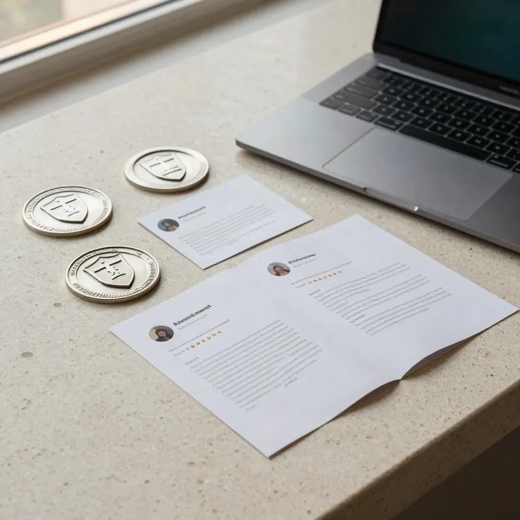 High oblique macro of trust seals, review tokens, privacy sheets, and a laptop on travertine.