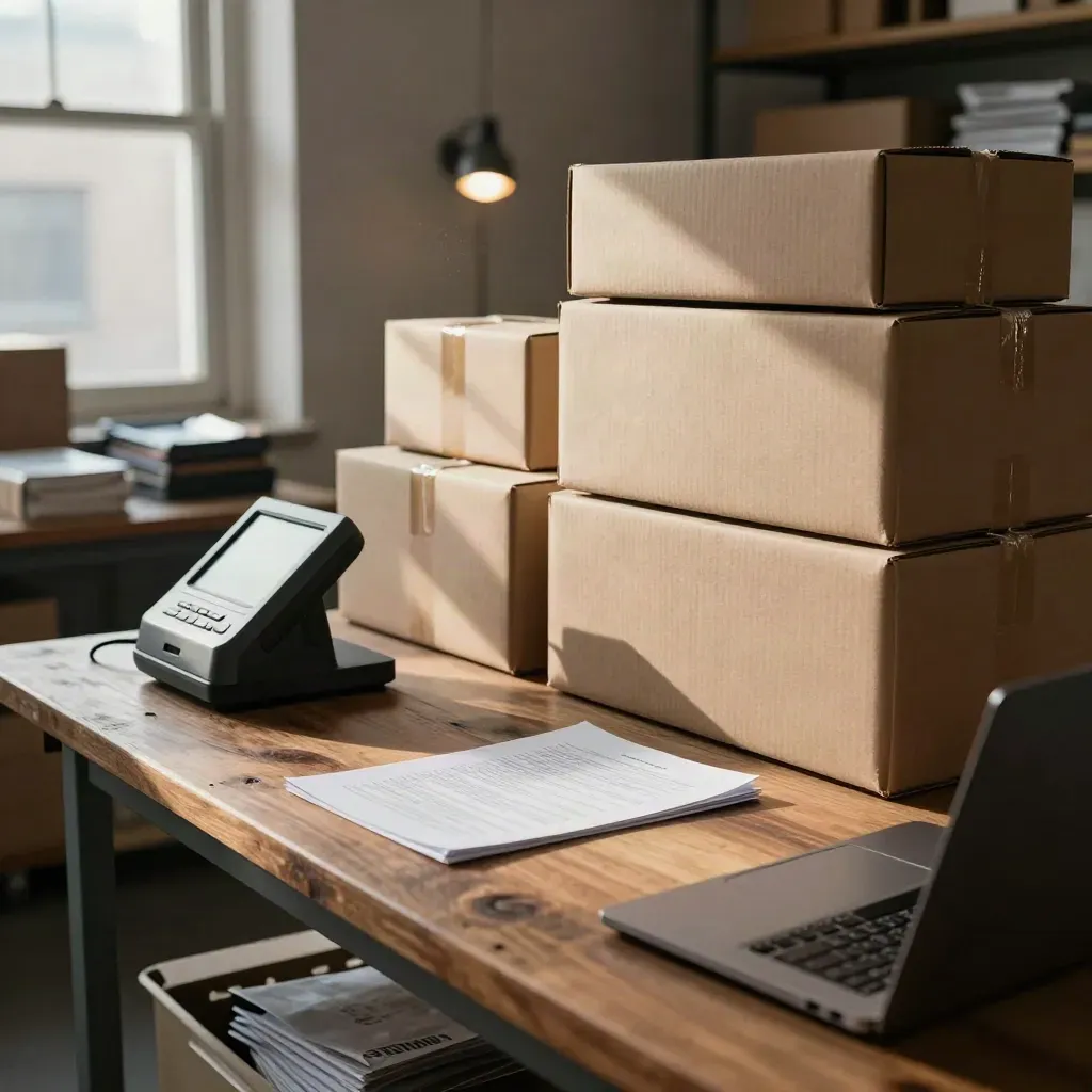 Floor-level ecommerce audit scene with boxes, checkout terminal, proof sheet and laptop edge.