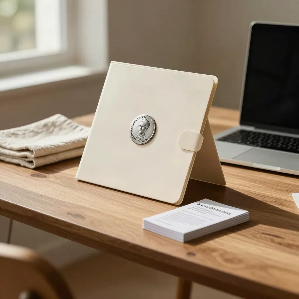 Startup trust kit on a warm oak table with seal badge, review cards, privacy folder and laptop