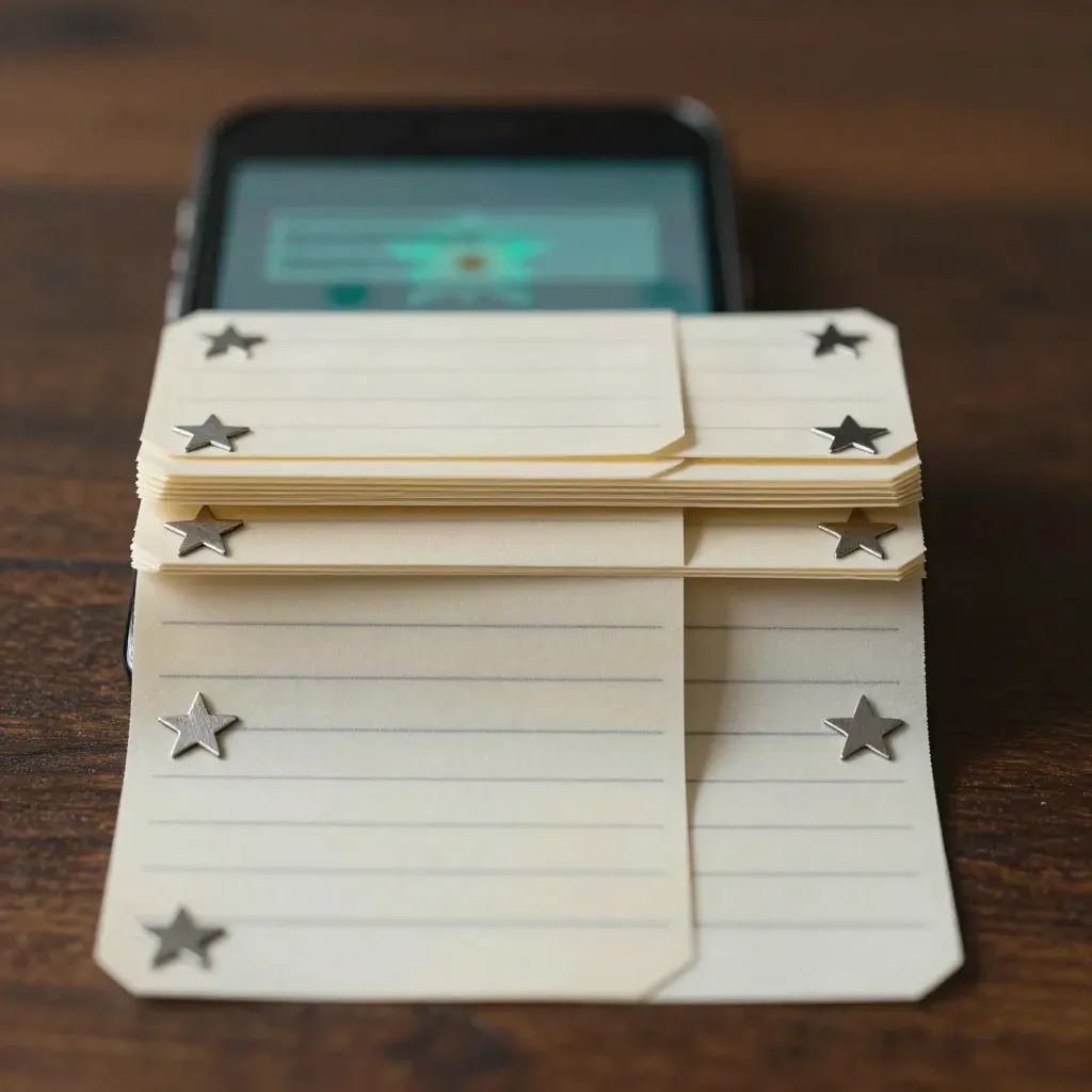 Reply strips, glowing smartphone and star tokens on a dark table with teal cinematic light.