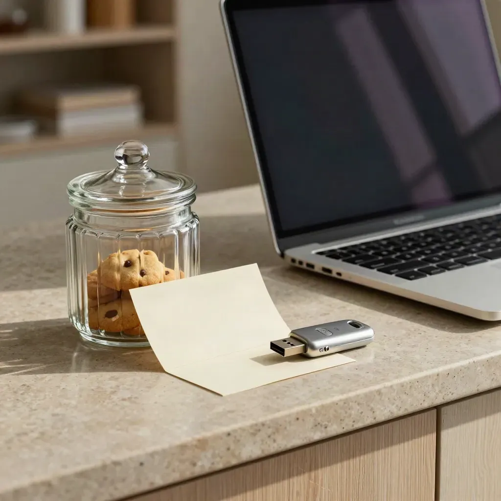 Laptop, glass cookie jar, inward note card and silver token in a calm digital trust workspace.