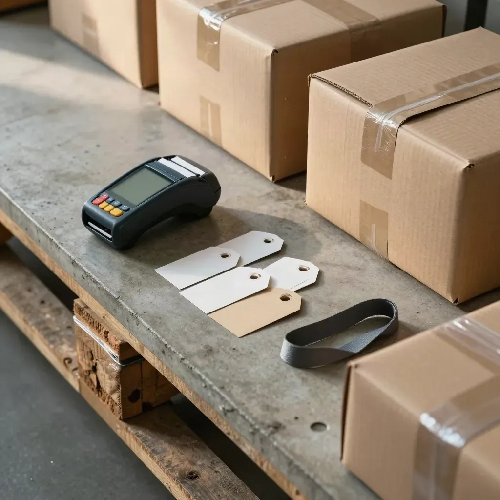 High-angle view of parcels, a card reader and face-down tags in a warm warehouse.