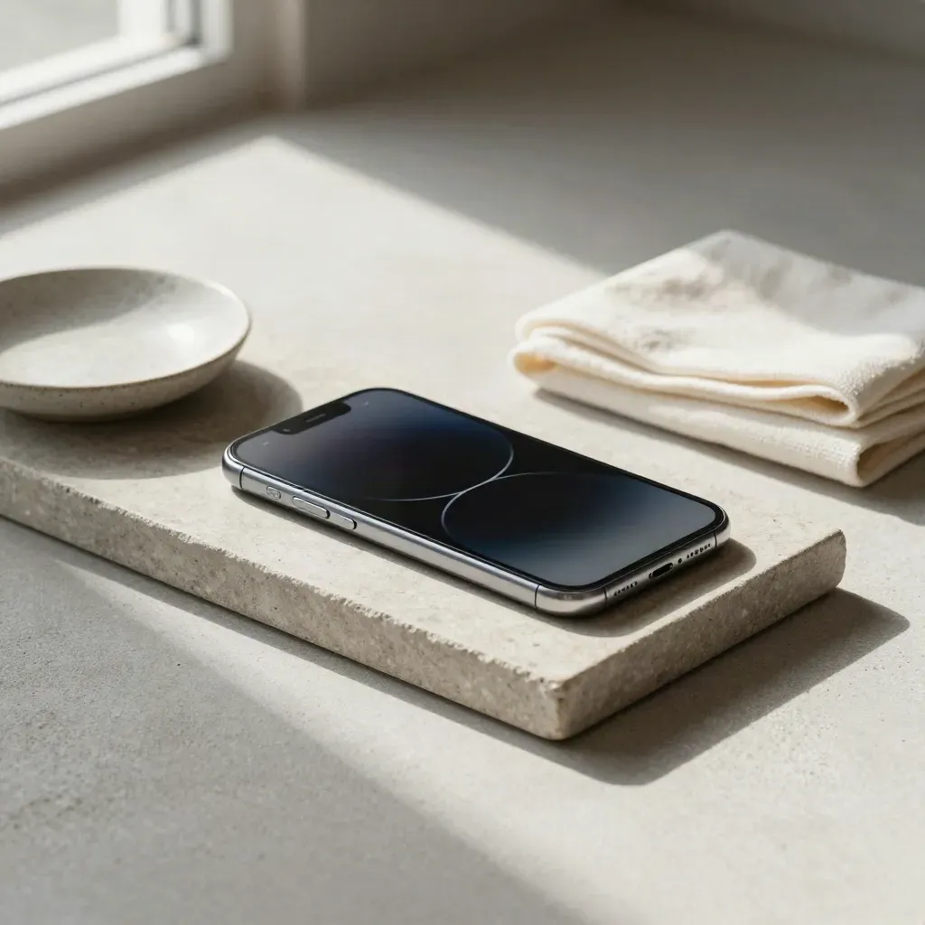 Smartphone with a soft notification glow beside a dish, cloth, and stone rest on a concrete tray.