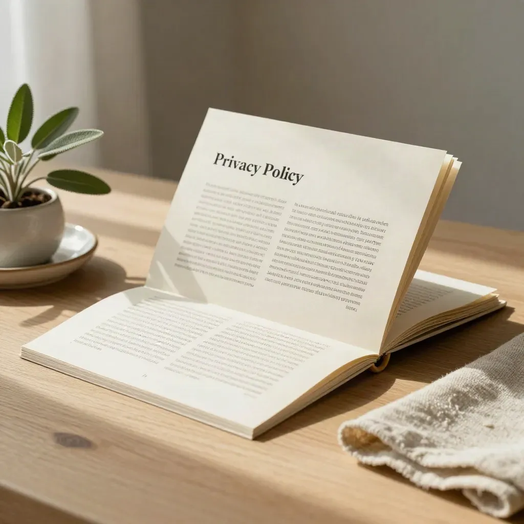 Face-down privacy booklet with wood paperweight, plant and linen on pale oak, side-lit.