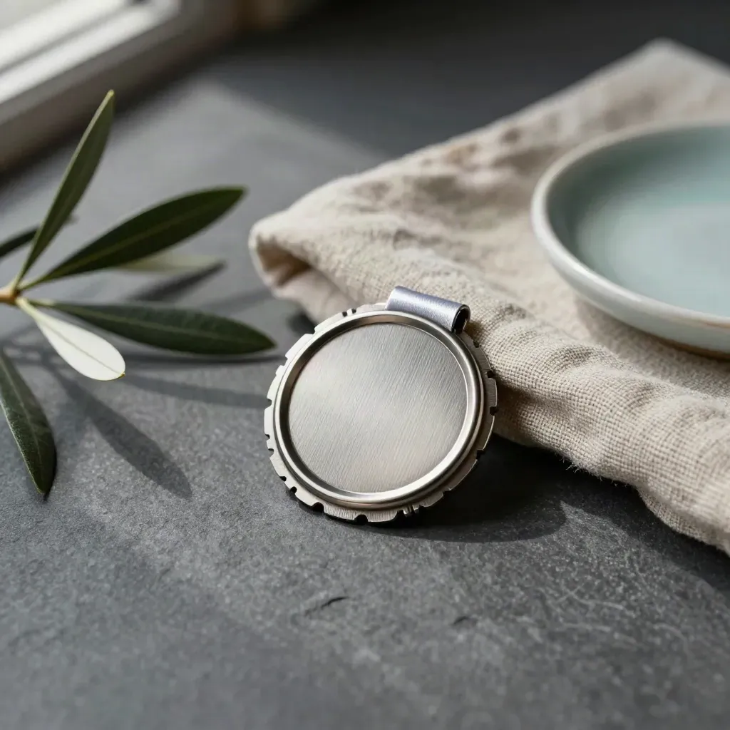 Brushed-metal trust seal badge with linen, olive sprig and ceramic dish on stone.