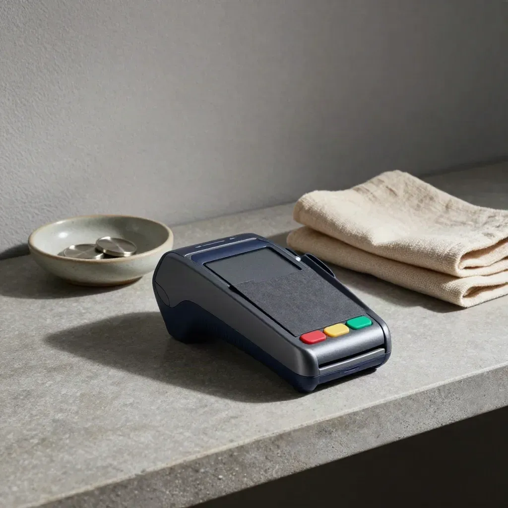 Card terminal beside a face-down ledger block, metal tokens and folded cloth on a stone shelf.