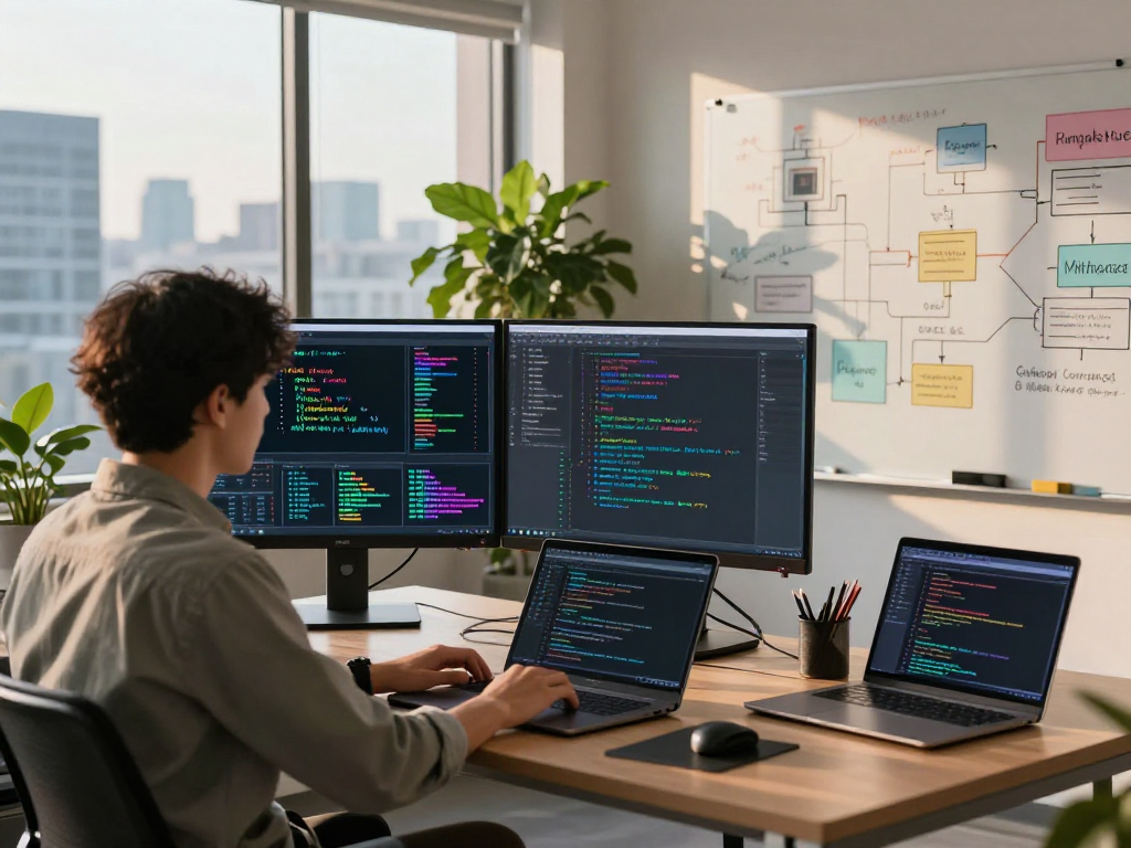 Dynamic workspace showcasing spicy ai innovation with data scientist analyzing algorithms.