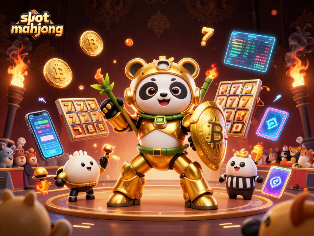Engage in exciting slot mahjong with 3D mech-suit panda conquering the gaming arena.