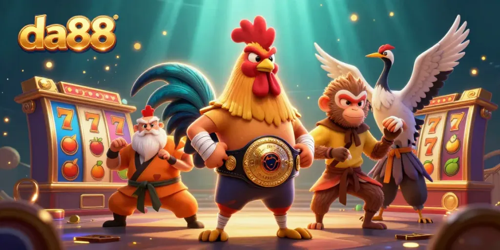 Experience the thrills of da88 with dynamic slot reels and lively characters in an exciting casino scene.