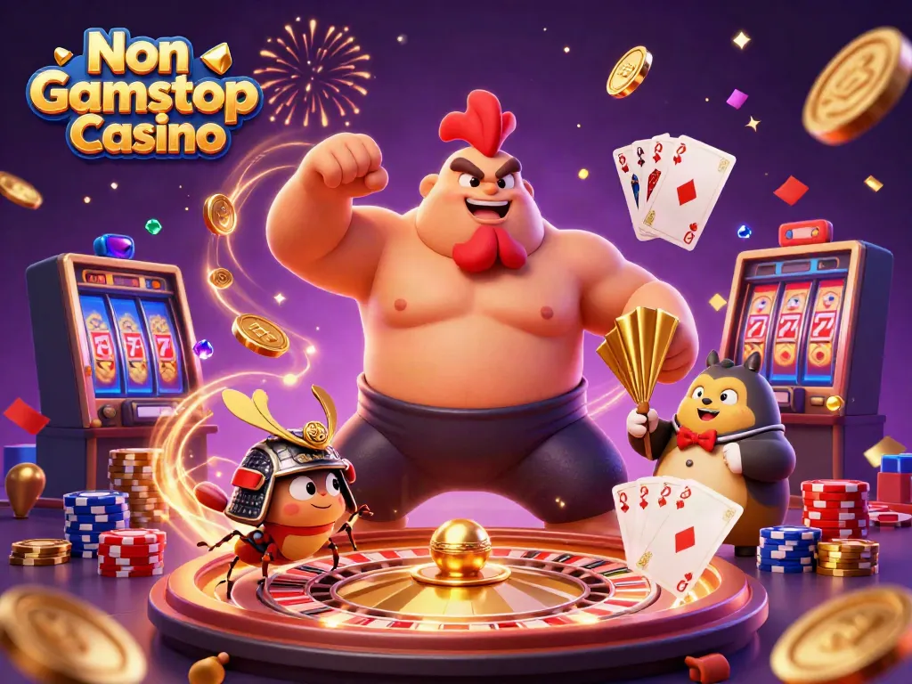 Engage in excitement at a Non Gamstop Casino illustrated with vibrant characters and dynamic gaming elements.