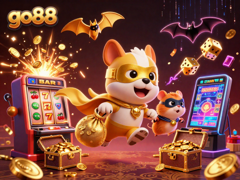 Experience the excitement of go88 in this dynamic scene featuring a superhero dog and colorful casino elements.