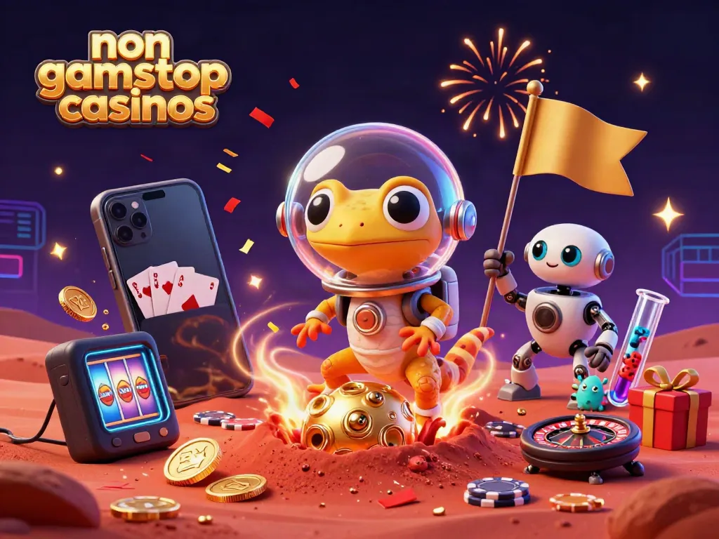 Engaging scene showcasing the excitement of non gamstop casinos with a Martian gecko exploring a golden casino.
