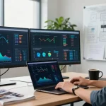 AI automation workspace showcasing a data scientist analyzing algorithms and datasets in a bright office setting.
