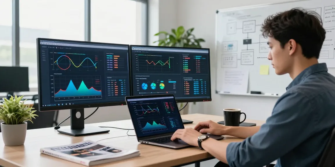 AI automation workspace showcasing a data scientist analyzing algorithms and datasets in a bright office setting.