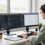 Dynamic workspace for WhatsApp下載 with a developer focused on dual screens, highlighting productive tech environment.