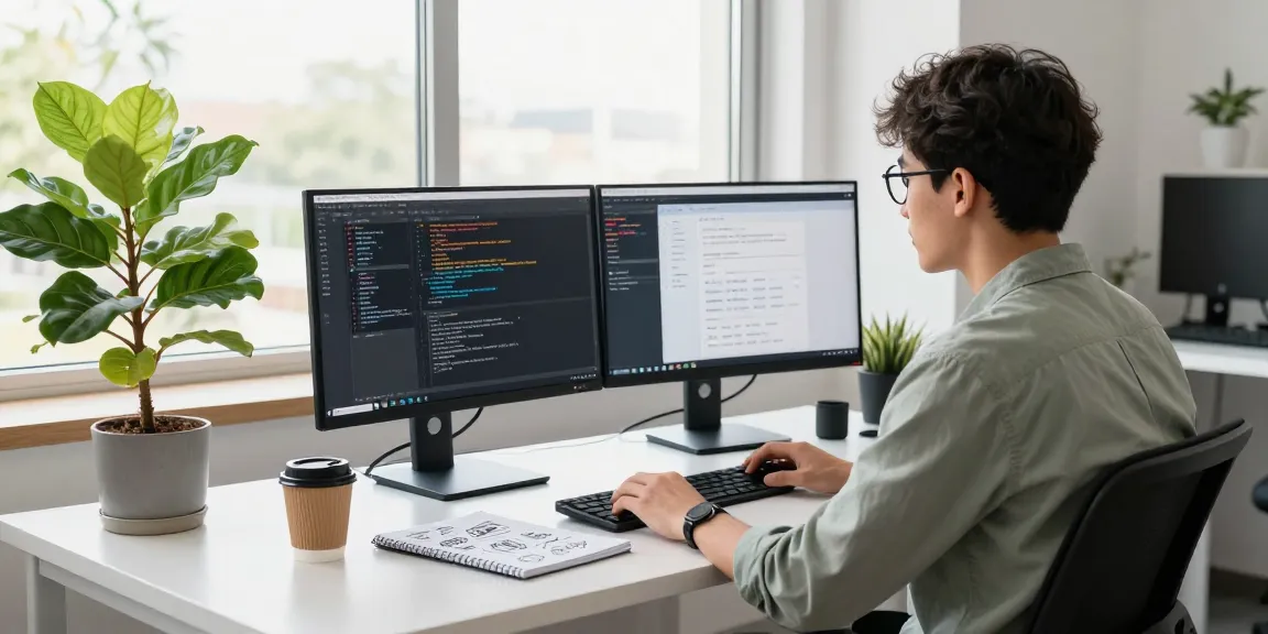 Dynamic workspace for WhatsApp下載 with a developer focused on dual screens, highlighting productive tech environment.