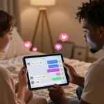Engaging AI sexting conversation on a sleek tablet in a cozy bedroom.