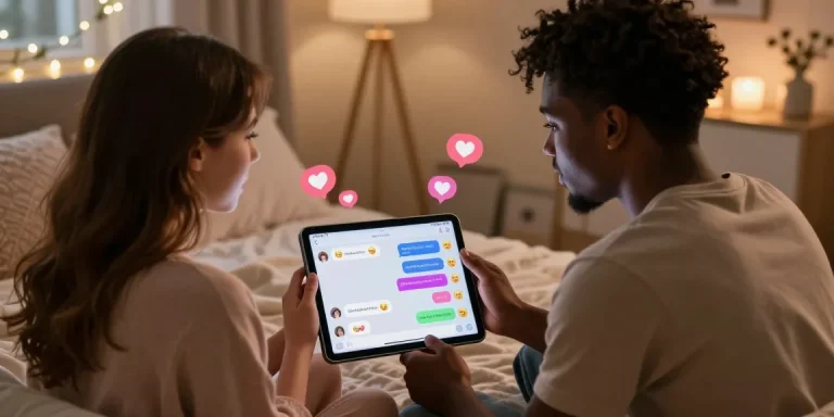 Engaging AI sexting conversation on a sleek tablet in a cozy bedroom.