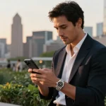 Elegant man showcasing a rolex super clone watch in a stylish urban setting with golden hour light highlighting the detailed craftsmanship.