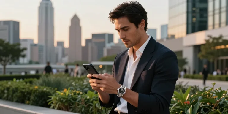 Elegant man showcasing a rolex super clone watch in a stylish urban setting with golden hour light highlighting the detailed craftsmanship.