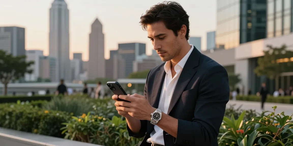 Elegant man showcasing a rolex super clone watch in a stylish urban setting with golden hour light highlighting the detailed craftsmanship.