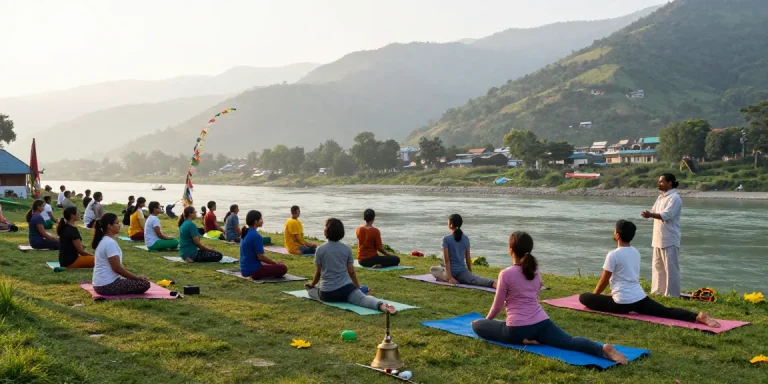 Best yoga teacher training course in Rishikesh India, instructor leading diverse students in serene yoga practice by the Ganges at sunrise.