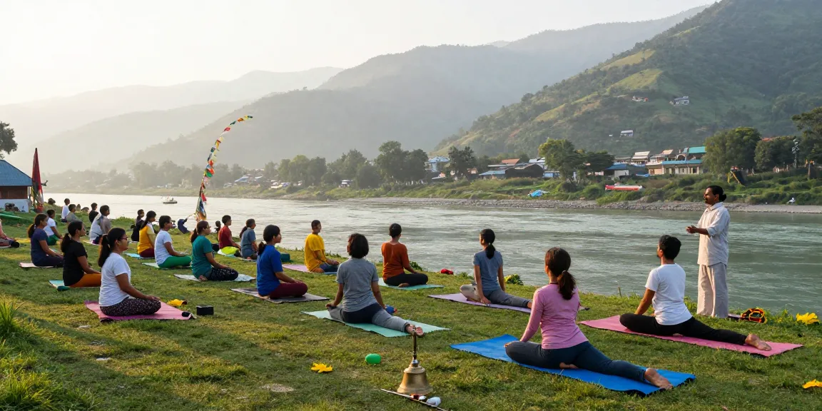 Best yoga teacher training course in Rishikesh India, instructor leading diverse students in serene yoga practice by the Ganges at sunrise.